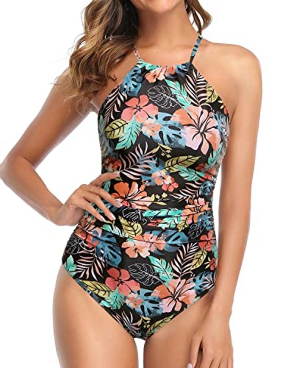 Women's One Piece Swimsuit Tummy Control High Neck Floral Multicolor Medium